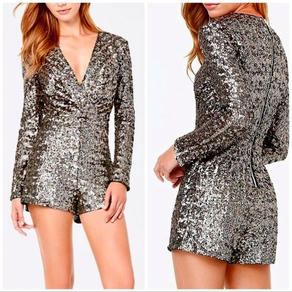 bebe Pants - 💥SHOWSTOPPER💥 SEQUIN BODYCON ROMPER in GUNMETAL & GOLD